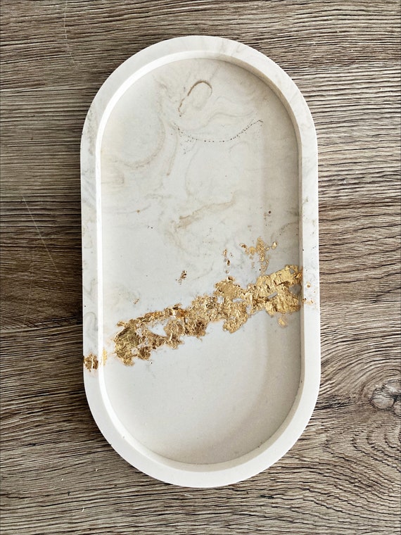 Decorative Oval tray (GOLD LEAF half and half marble or plain) Trinket tray, bathroom accessory Gift for her, birthday gift, Home gift