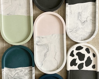 Decorative oval tray Half marble/half colour (trinket dish,bathroom accessories,water repellent,non slip feet) Home gift, gift for her