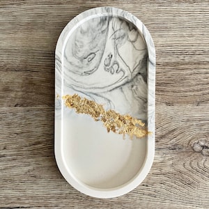 Decorative Oval tray (GOLD LEAF half and half marble or plain) Trinket tray, bathroom accessory Gift for her, birthday gift, Home gift b&w marble