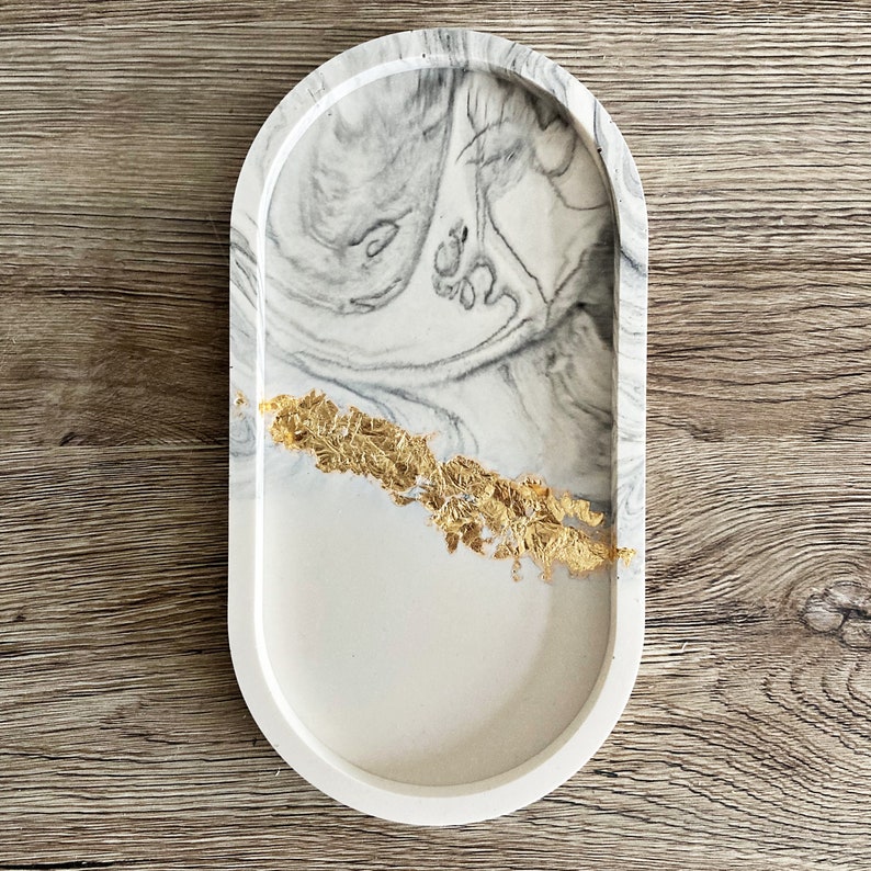 Decorative Oval tray (GOLD LEAF half and half marble or plain) Trinket tray, bathroom accessory Gift for her, birthday gift, Home gift b&w marble