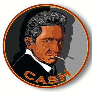 Può includere: Un'illustrazione in bianco e nero di Johnny Cash in un cerchio con un bordo rosso e la parola "CASH" in lettere gialle.