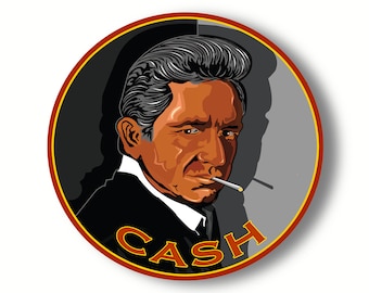 JOHNNY CASH, chanteur country western, auteur-compositeur, musicien, star de la musique country, guitariste, activiste, autocollant ovale en vinyle 3 x 3 po