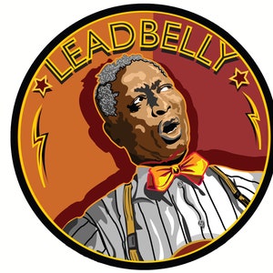 May include: A circular illustration of a man with gray hair, wearing a white shirt, a yellow bow tie, and suspenders. The background is orange and red with the text "LEADBELLY" in yellow letters.