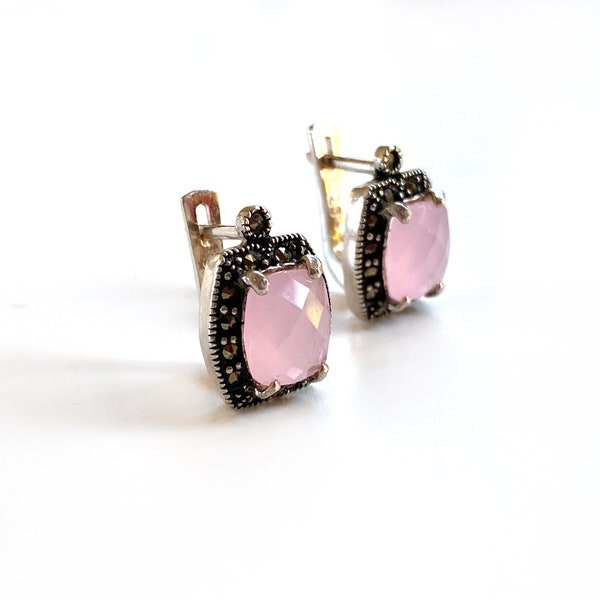 Boucles doreilles femme argent rose Quartz Boucles doreilles Pendants faites à la main Sterling argent 925 pierres naturelles en marcassite