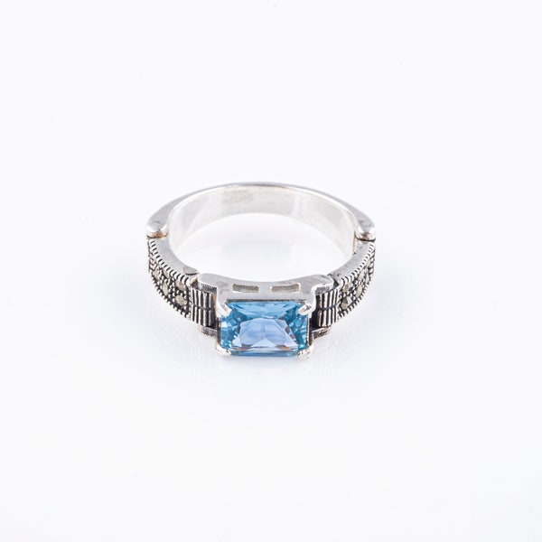 Bague femme argent, Bague topaze bleue, Bague Arménienne Fait Main, Argent Sterling 925, Bague femme argent avec petites pierres naturelles en marcassite