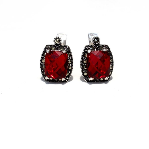 Garnet earrings silver women, earrings silver 925, Ruby Red Earrings, Handmade earrings, 925 Sterling Silver, natural stones in marcasite