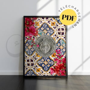 Wall Poster // Tunisian Tile & Coin Art Authentic Bougainvillea Flowers Tunisian Nostalgia Art, Zellige Style, Tunisia Lovers