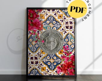 Poster murale // Tunisian Tile & Coin Art fleurs de bougainvillier authentique Tunisian Nostalgia Art, Zellige Style, Tunisia Lovers