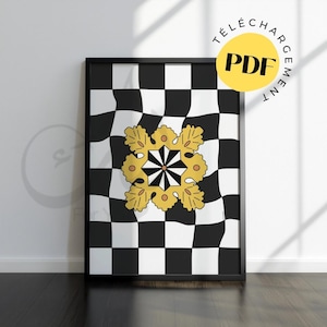 Puede incluir: Un patrón de cuadros negros y blancos con un diseño floral dorado y marrón en el centro. El patrón está distorsionado, dando la ilusión de movimiento. La imagen está enmarcada en negro.