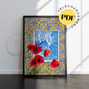 Cartel de sello / zellige / Cartel de Túnez / Cartel de pintura de marco de arte pop / ilustración amarilla y azul / dibujo de arte de flor de amapola
