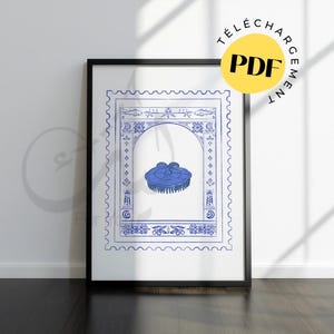 Posterbürste, Hammam // Stempel // Arabisches Poster // Poster Bilderrahmensymbol // blaue Illustration // Aquarellzeichnung // Haarbürste