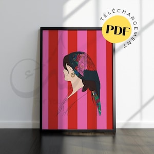 Puede incluir: Una ilustración digital de una mujer con un fondo de rayas rojas y rosas. Lleva un pañuelo negro con motivos florales y una camisa roja.