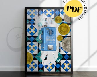 Poster Taxiphone Bleu - Tunisian Nostalgia Art, Zellige Style, Authentic Décoration Murale, Perfect Gift for Tunisia Lovers