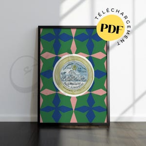 Peut inclure: Une impression encadrée avec un motif géométrique vert et rose. Le centre de l'impression présente une étiquette de halva vintage avec du texte arabe et les mots "Halva Superieure".
