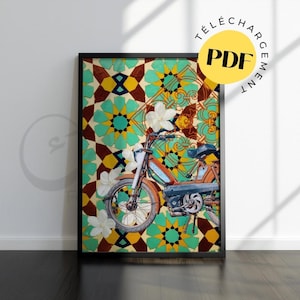 May include: A vintage moped with a brown seat and a green, yellow, and brown patterned background. The moped is partially obscured by white flowers.