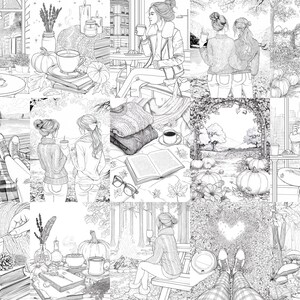 K&ouml;nnte beinhalten: Eine Sammlung von Schwarz-Wei&szlig;-Illustrationen, die Herbstszenen darstellen. Die Bilder zeigen Menschen, die Kaffee trinken, B&uuml;cher lesen und sich im Freien entspannen. K&uuml;rbisse, Kerzen und gem&uuml;tliche Kleidung sind ebenfalls zu sehen.