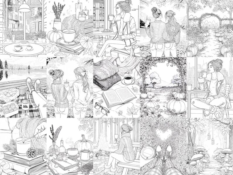 K&ouml;nnte beinhalten: Eine Sammlung von Schwarz-Wei&szlig;-Illustrationen, die Herbstszenen darstellen. Die Bilder zeigen Menschen, die Kaffee trinken, B&uuml;cher lesen und sich im Freien entspannen. K&uuml;rbisse, Kerzen und gem&uuml;tliche Kleidung sind ebenfalls zu sehen.
