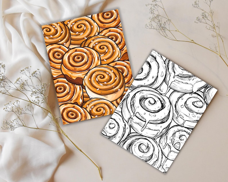 K&ouml;nnte beinhalten: Zwei illustrierte Karten mit Zimtschnecken. Eine Karte zeigt eine farbenfrohe Illustration von goldbraunen Zimtschnecken mit wei&szlig;em Zuckerguss und Streuseln. Die andere Karte zeigt eine Schwarz-Wei&szlig;-Strichzeichnung derselben s&uuml;&szlig;en Leckerei.