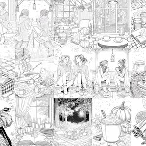 K&ouml;nnte beinhalten: Schwarz-Wei&szlig;-Illustrationen, die gem&uuml;tliche Herbstszenen darstellen. Die Bilder zeigen Menschen, die Kaffee genie&szlig;en, lesen und sich im Freien entspannen. Weitere Bilder zeigen K&uuml;rbisse, B&uuml;cher und Herbstlaub. Das Gesamtthema ist eine Sammlung von Malvorlagen.