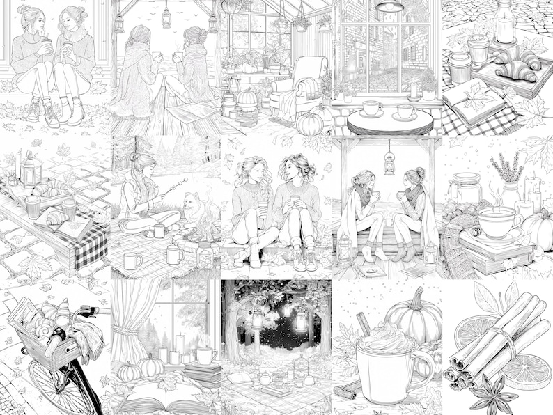 K&ouml;nnte beinhalten: Schwarz-Wei&szlig;-Illustrationen, die gem&uuml;tliche Herbstszenen darstellen. Die Bilder zeigen Menschen, die Kaffee genie&szlig;en, lesen und sich im Freien entspannen. Weitere Bilder zeigen K&uuml;rbisse, B&uuml;cher und Herbstlaub. Das Gesamtthema ist eine Sammlung von Malvorlagen.