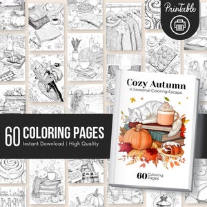 K&ouml;nnte beinhalten: Ein digitaler Download eines Malbuchs mit dem Titel "Cozy Autumn" mit 60 Ausmalseiten. Das Cover zeigt eine Katze, einen K&uuml;rbis und Herbstbl&auml;tter. Um das Buch herum befinden sich 60 Schwarz-Wei&szlig;-Illustrationen von Herbstszenen. Die Worte "60 Coloring Pages" sind ebenfalls sichtbar.