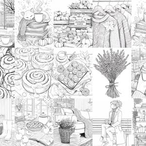 K&ouml;nnte beinhalten: Eine Sammlung von Schwarz-Wei&szlig;-Illustrationen, die gem&uuml;tliche Herbstszenen darstellen. Bilder zeigen eine Katze auf B&uuml;chern, K&uuml;rbisse, Backwaren, Pullover, Lavendel und eine Person, die eine Kaffeetasse h&auml;lt.