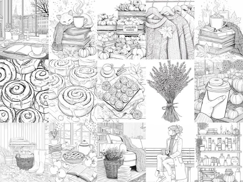 K&ouml;nnte beinhalten: Eine Sammlung von Schwarz-Wei&szlig;-Illustrationen, die gem&uuml;tliche Herbstszenen darstellen. Bilder zeigen eine Katze auf B&uuml;chern, K&uuml;rbisse, Backwaren, Pullover, Lavendel und eine Person, die eine Kaffeetasse h&auml;lt.