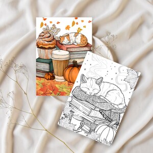 K&ouml;nnte beinhalten: Zwei illustrierte Karten mit Herbstmotiven. Eine Karte zeigt eine Katze, die auf B&uuml;chern, einem K&uuml;rbis und einer Kaffeetasse schl&auml;ft. Die andere Karte zeigt einen Cupcake, eine schlafende Katze, einen K&uuml;rbis und Herbstbl&auml;tter. Die Karten sind auf cremefarbenem Hintergrund.