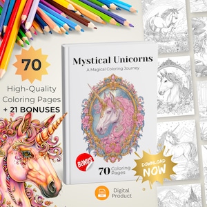Whimsical Unicorns Coloring Book for Adults and Kids Coloring Pages Digital Download Printable PDF Unicorn Colouring Sheet Stress Relief Art