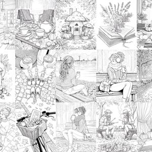 K&ouml;nnte beinhalten: Eine Sammlung von Schwarz-Wei&szlig;-Illustrationen, die gem&uuml;tliche Herbstszenen darstellen. Bilder zeigen Tee-Sets, ein Pilzhaus, offene B&uuml;cher, eine Laterne, Menschen mit Kaffee und ein Fahrrad mit einem Brotkorb.