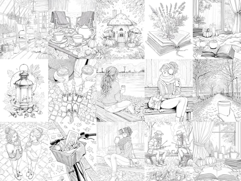 K&ouml;nnte beinhalten: Eine Sammlung von Schwarz-Wei&szlig;-Illustrationen, die gem&uuml;tliche Herbstszenen darstellen. Bilder zeigen Tee-Sets, ein Pilzhaus, offene B&uuml;cher, eine Laterne, Menschen mit Kaffee und ein Fahrrad mit einem Brotkorb.
