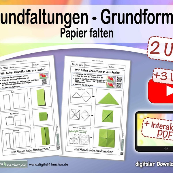 Arbeitsblatt + 3Videos +interaktives PDF, Papier falten Anleitung, Grundformen Origami, digitales Unterrichtsmaterial Werken Gestalten GS HS