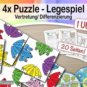 May include: A set of 4 frog-shaped puzzles for kids. The puzzles are printed on white paper with colorful frogs. The set includes 20 pages of puzzles. The text on the image reads "4x Puzzle - Legespiel Vertretung/Differenzierung IUE 20 Seiten!"