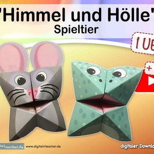 Può includere: Un gioco stampabile per bambini con un topo grigio e una rana verde. Il gioco si chiama "Himmel und Hölle" che si traduce in "Cielo e Inferno". Il gioco include un tutorial video ed è disponibile per il download digitale.