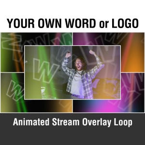 May include: An animated stream overlay loop with the text "YOUR OWN WORD or LOGO". The image features a person with arms raised in celebration. The background has a colorful design with the letter "W".