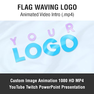 Könnte beinhalten: Animiertes Video-Intro mit einem wellenden Flaggen-Effekt. Der Text "YOUR LOGO" wird in blauen und rosa Buchstaben auf weißem Hintergrund angezeigt.