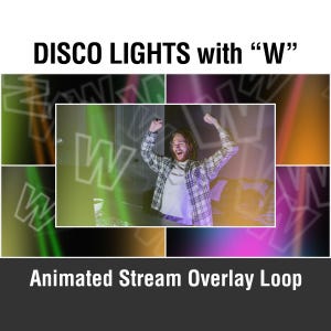 Pode incluir: Loop de sobreposição de stream animado com luzes de discoteca e a letra "W" em verde neon. A sobreposição é definida em um fundo escuro com uma pessoa no centro da imagem.