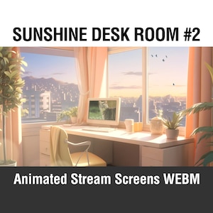 Peut inclure: Écran de diffusion animé représentant un bureau avec un ordinateur, une chaise et une fenêtre donnant sur une vue panoramique d'une ville. L'écran est intitulé "Sunshine Desk Room #2" et comprend le texte "Animated Stream Screens WEBM".