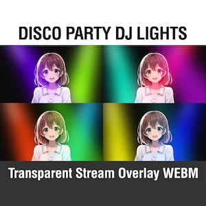 Puede incluir: Una animación digital de una joven con cabello castaño y ojos azules. Ella está de pie frente a un fondo de luces coloridas y parpadeantes. El texto "DISCO PARTY DJ LIGHTS" está en la parte superior de la imagen. El texto "Transparent Stream Overlay WEBM" está en la parte inferior de la imagen.