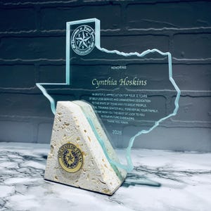 Texas Shaped Glass and Stone Award – Custom Engraved Corporate Award – Executive Recognition, Retirement & Service Award – Made in Texas