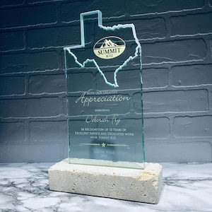Texas Shaped Glass Award with Stone Base | Custom Corporate Recognition Award | Personalized Service & Retirement Gift Texas | Custom Texas