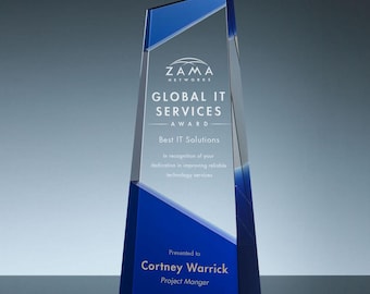 Blue Crystal Award – Custom Engraved Corporate Award – Employee Recognition, Retirement & Leadership Award – Blue Executive Glass Trophy