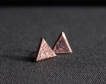 Tiny Triangle Copper Stud Earrings - Simple, Textured, Bold, Handcrafted. Silver posts