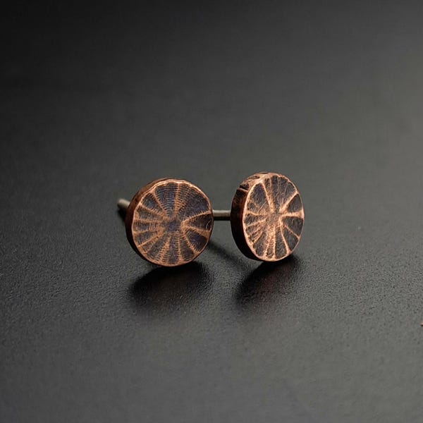 Tiny Textured Copper Stud Earrings - Simple, Textured, Bold, Handcrafted. 925 Sterling Silver posts. Diameter 6mm. Silicone backings.