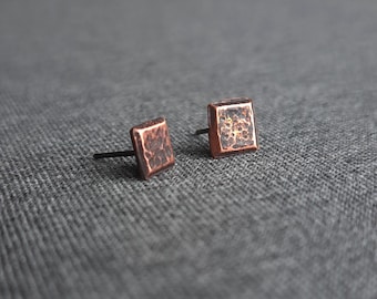 Tiny Hammered Copper Stud Earrings - Simple, Textured, Bold, Handcrafted. 925 Sterling Silver posts