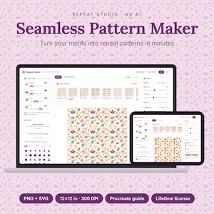 Può includere: Un'interfaccia digitale per un creatore di motivi senza cuciture visualizzata su uno schermo di laptop e tablet. Il software include strumenti per caricare motivi, regolare la densità e selezionare layout per creare pattern di 30,48x30,48 cm.