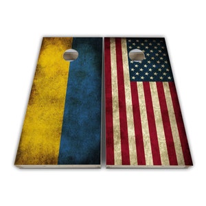 Rustic Ukraine and American Flag Cornhole Wraps - Cornhole Wraps - Cornhole Skins - Vinyl Wrap - Laminated Set