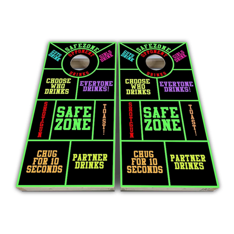 May include: Two black wooden game boards with neon green, yellow, orange, red, and purple text. The text on the boards reads 'Safe Zone', 'Opponent', 'Drinks', 'Choose Who Drinks', 'Everyone Drinks', 'Shotgun', 'Toast', 'Chug for 10 Seconds', 'Partner Drinks', 'Guys Drink', 'Girls Drink'.  
