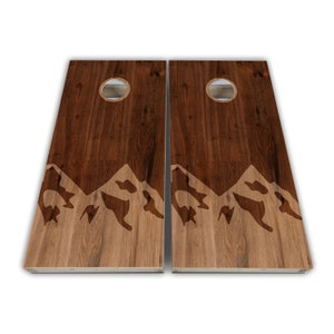 Stained Wood Mountains Cornhole Wraps - Cornhole Wraps - Cornhole Skins - Vinyl Wrap - Laminated Set