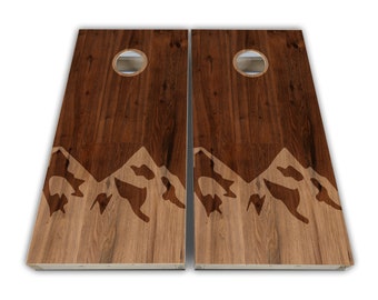 Stained Wood Mountains Cornhole Wraps - Cornhole Wraps - Cornhole Skins - Vinyl Wrap - Laminated Set